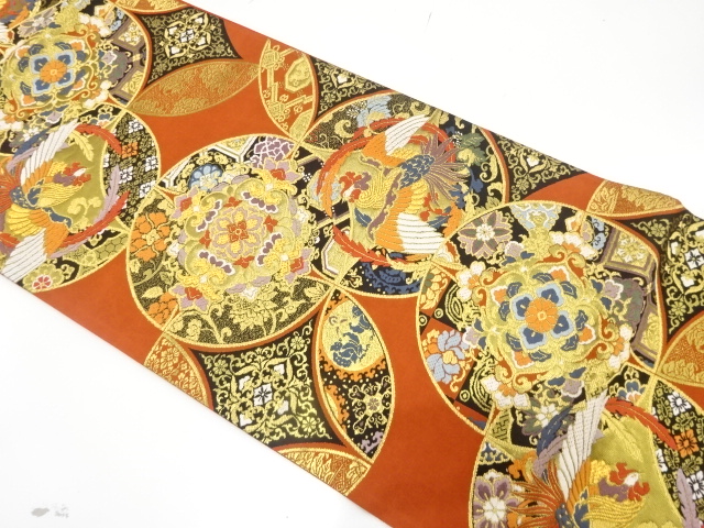 唐三彩蒔黄草木染　鳳凰に華紋・七宝模様織り出し　袋帯